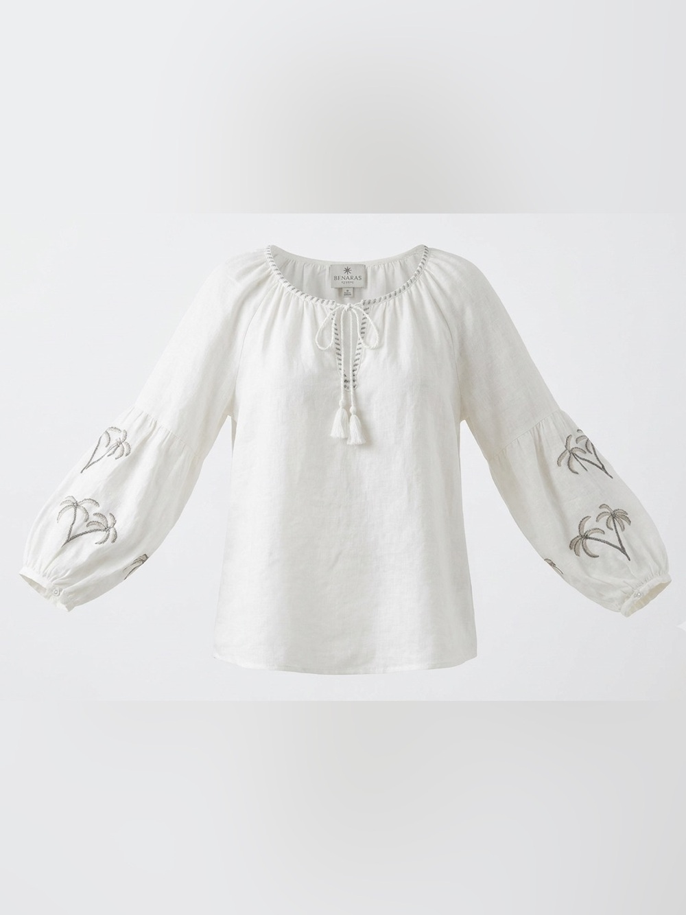 Benaras by Citrus Embellished Palms White Peasant Linen Blouse N261-20
